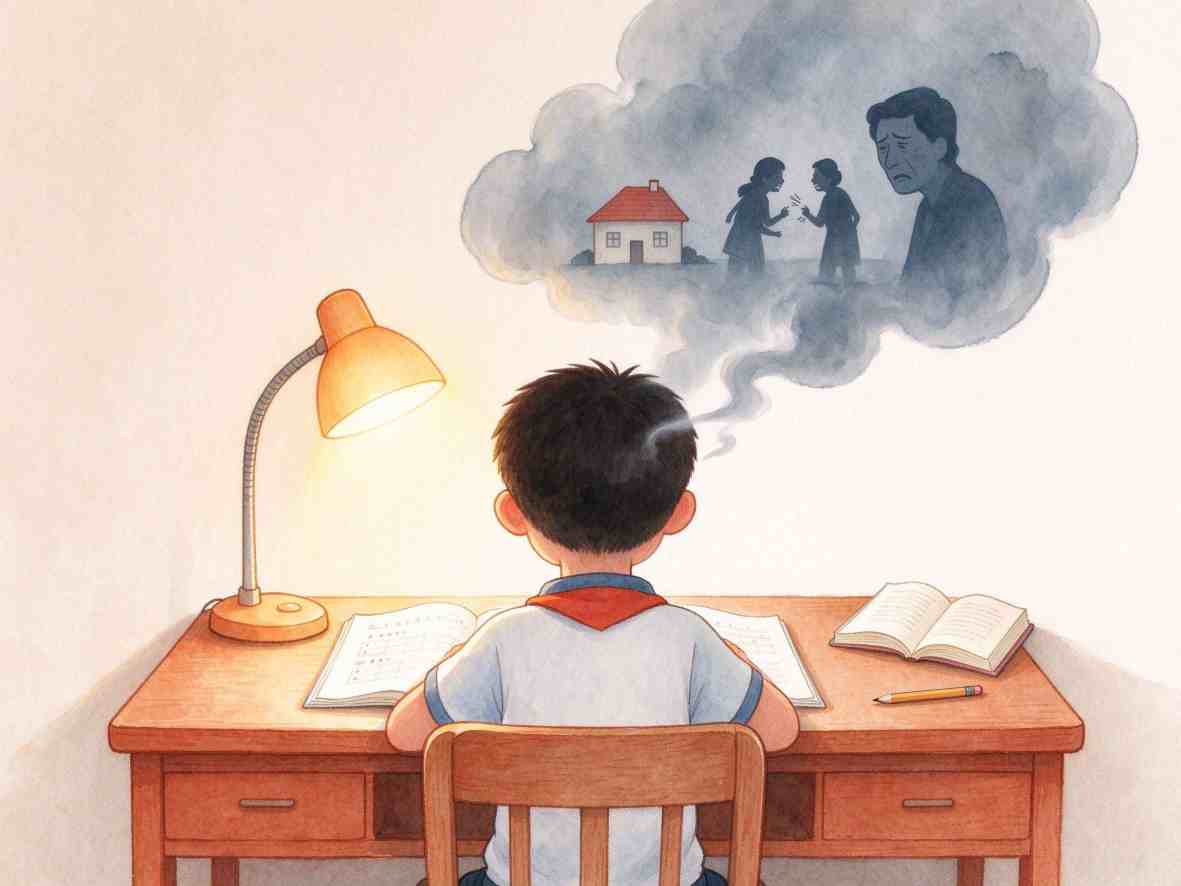 孩子坐在书桌前，思绪中浮现家庭争执与情绪困扰的插画
