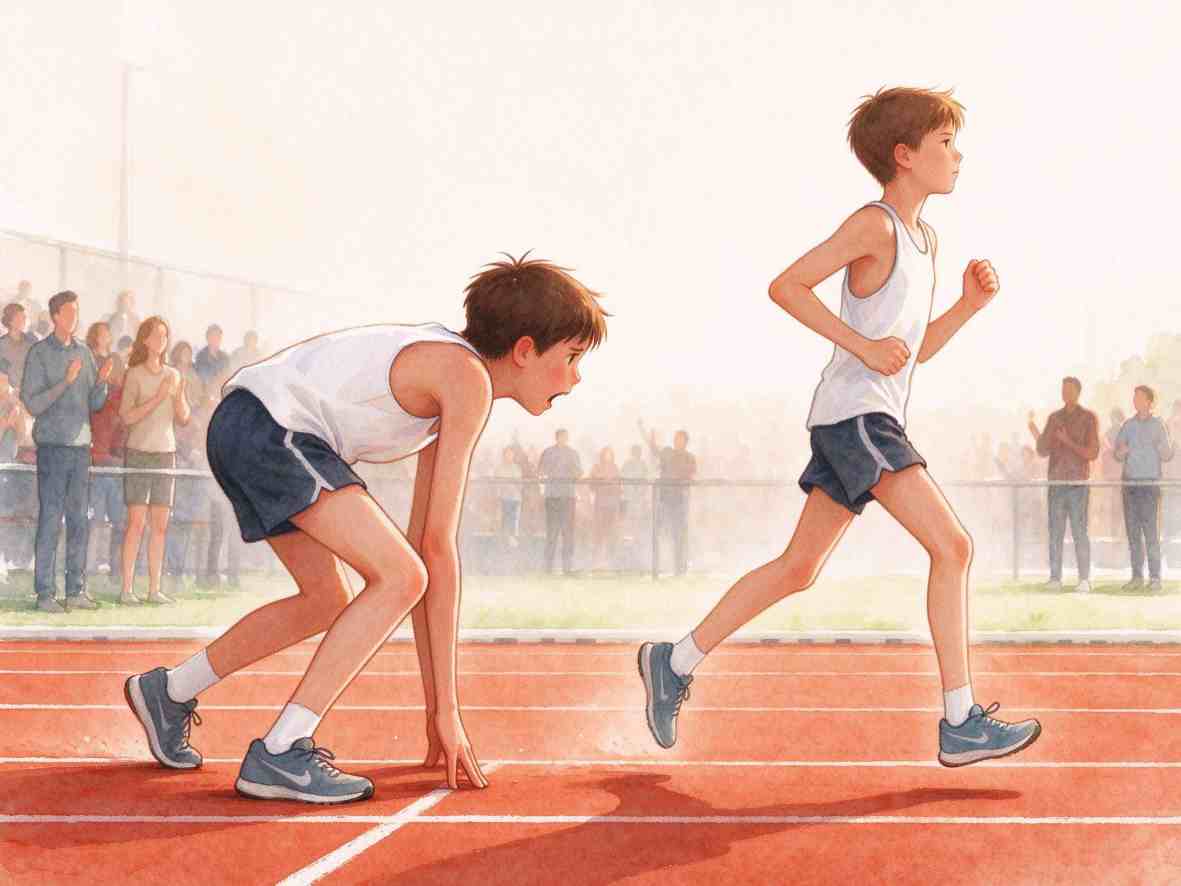 两名学生在跑道上以不同状态参与跑步的插画