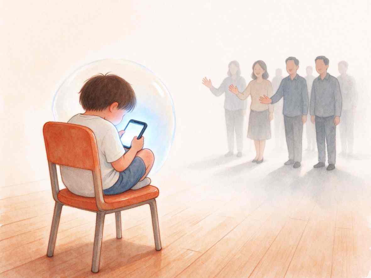 孩子独自看着手机，家人与同伴站在远处的插画