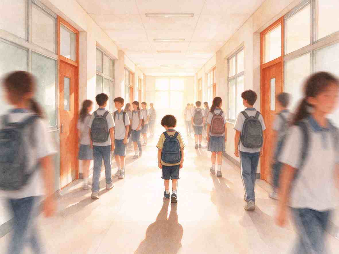 孩子独自站在校园走廊，同学从身旁经过的插画
