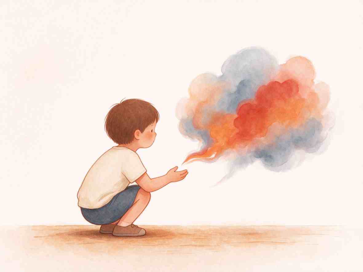 孩子蹲下观察象征情绪的彩色云朵的插画