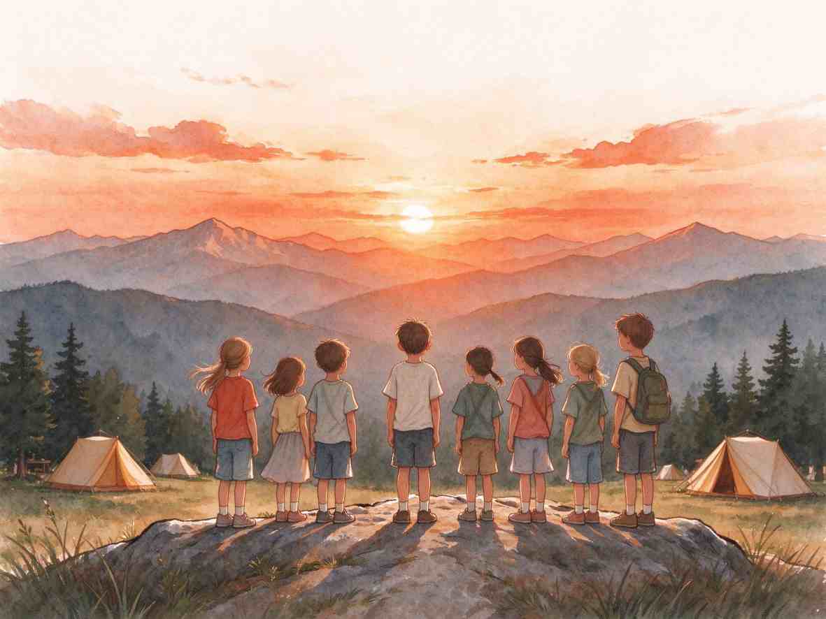 一群孩子在山间营地共同观看日出的插画