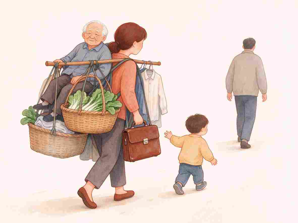 家长背负家庭责任并牵着孩子前行的插画