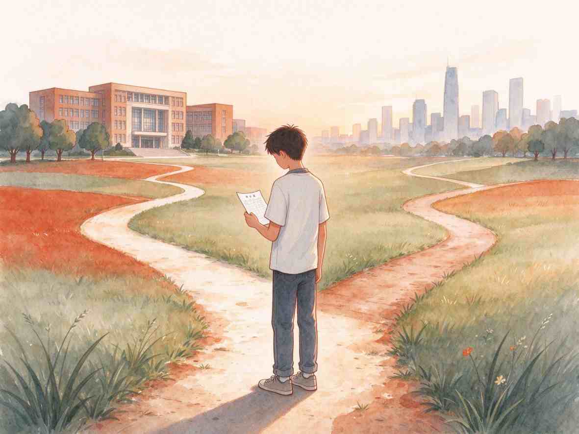 年轻人站在通向校园与城市的分岔路前查看资料的插画