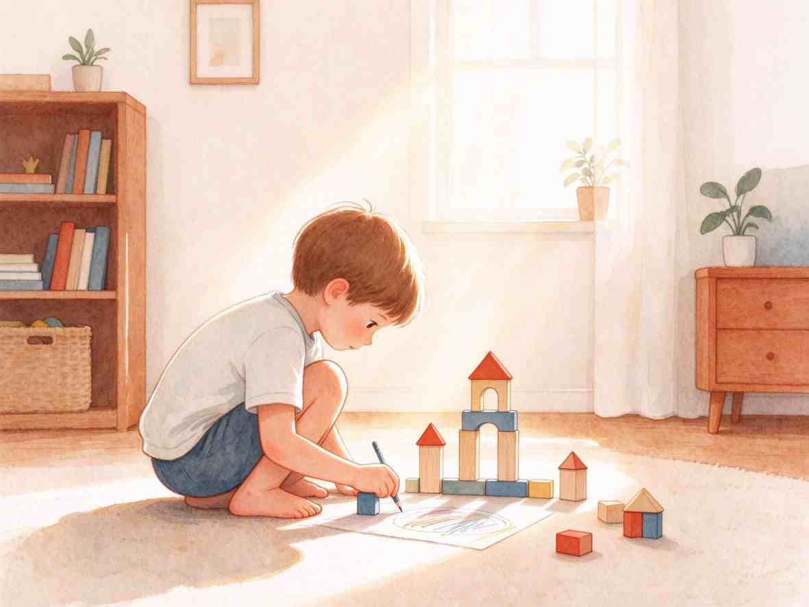 孩子在阳光下专注搭建积木的插画