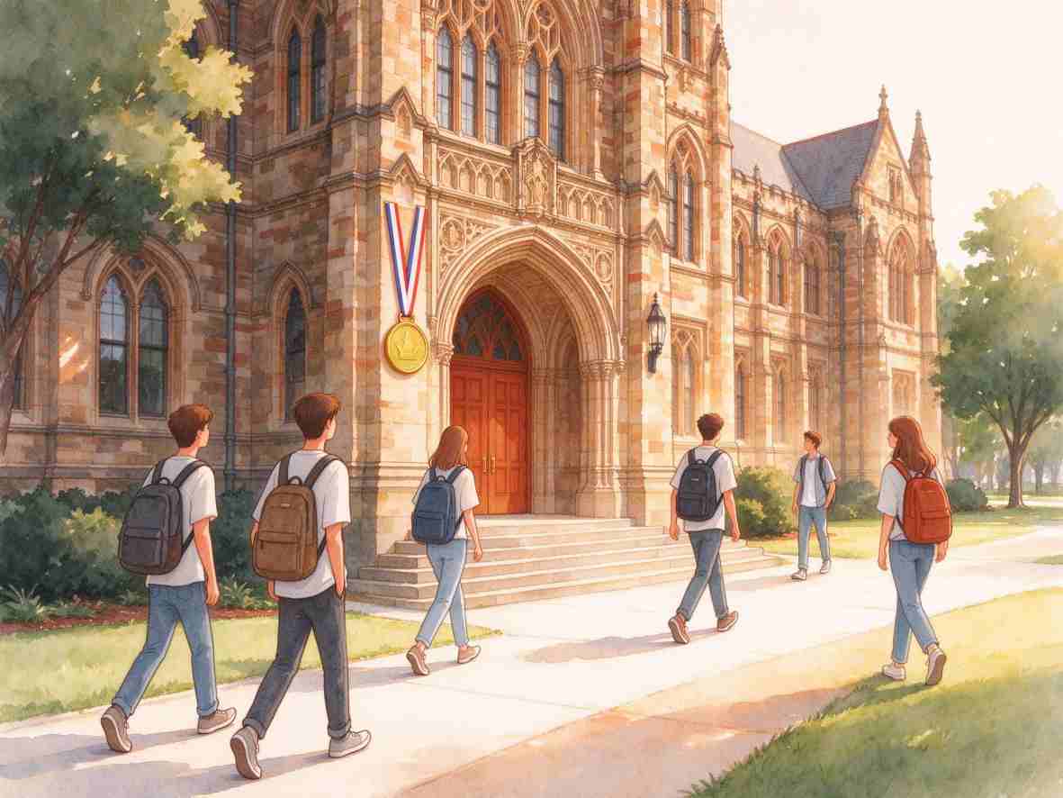 学生走向大学建筑，入口旁悬挂奖章的插画