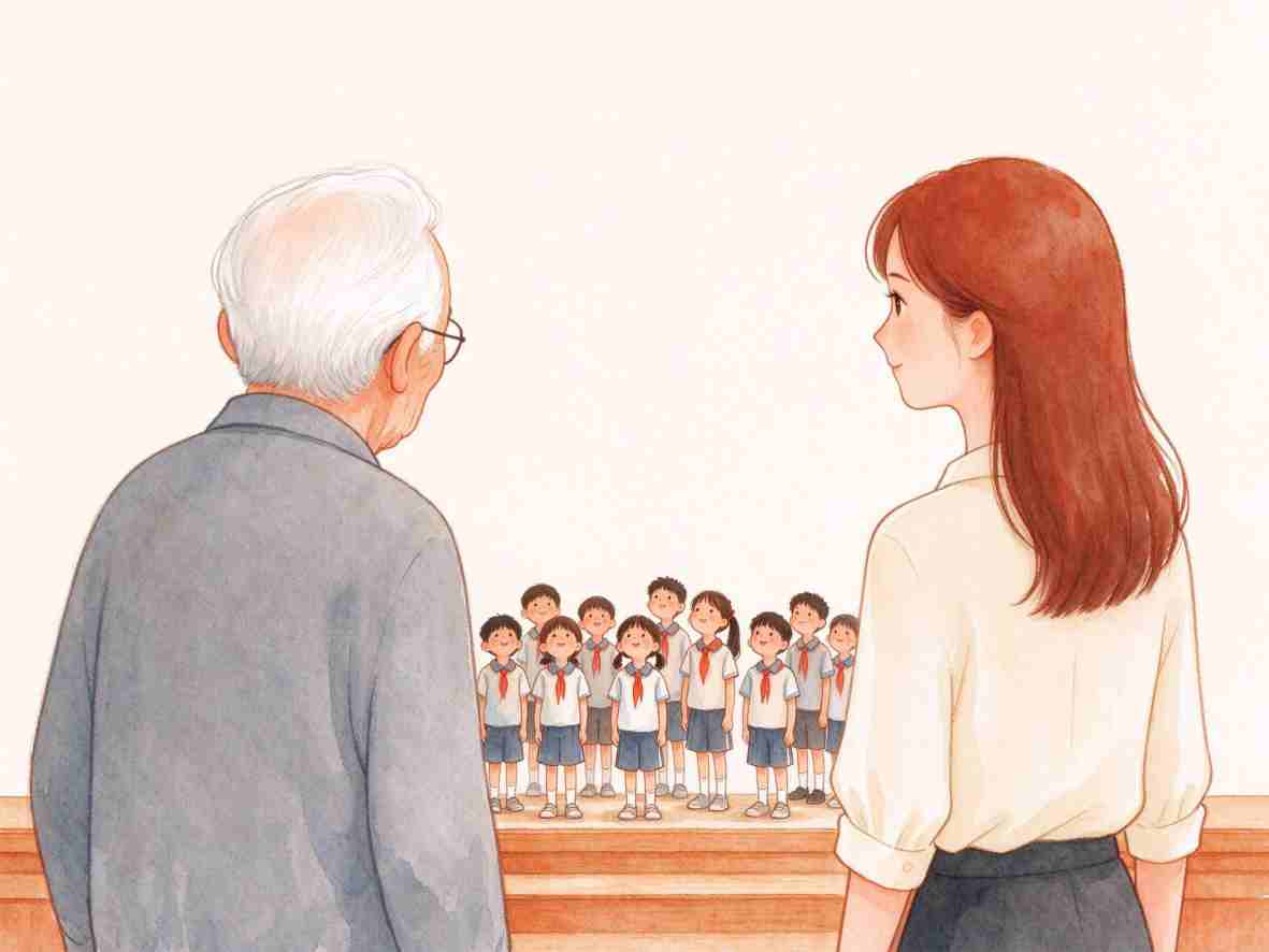 年长教师与年轻教师面对面交流，身后站着学生的插画