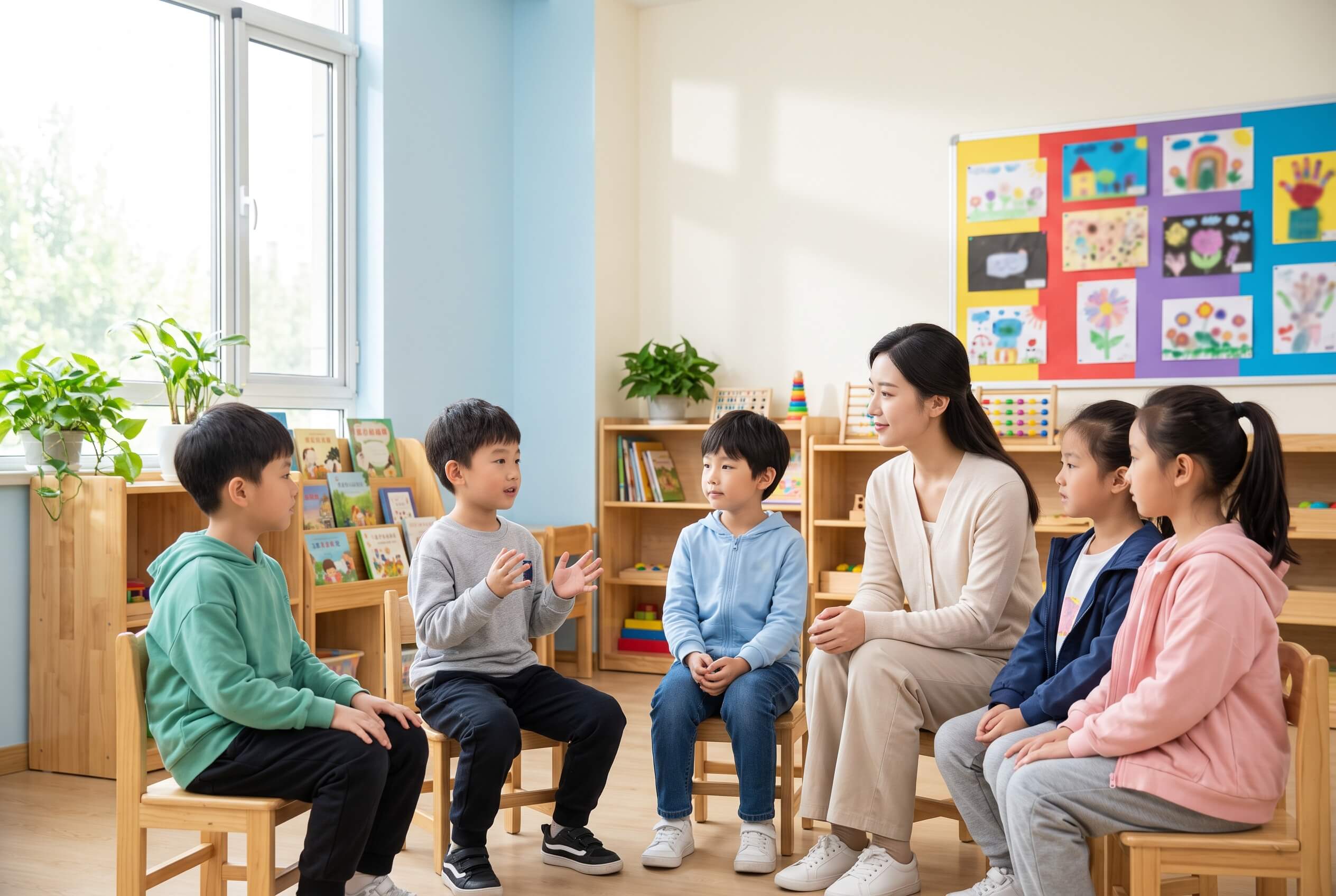教师与学生围坐交流的校园成长场景